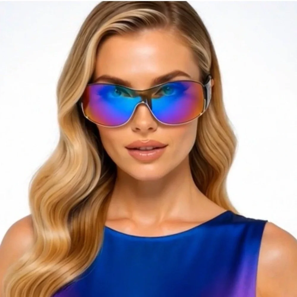 Khan Shield Sunglasses Black Iridescent Mirror Lens Sporty Wrap KN-M3734‎